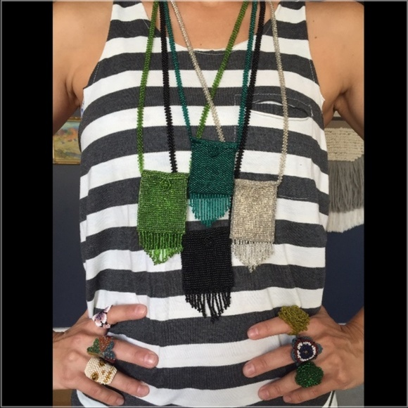 Costume Baldor Beaded Pouch Necklace Fringe Pocket Boho Midi - Picture 5 of 6